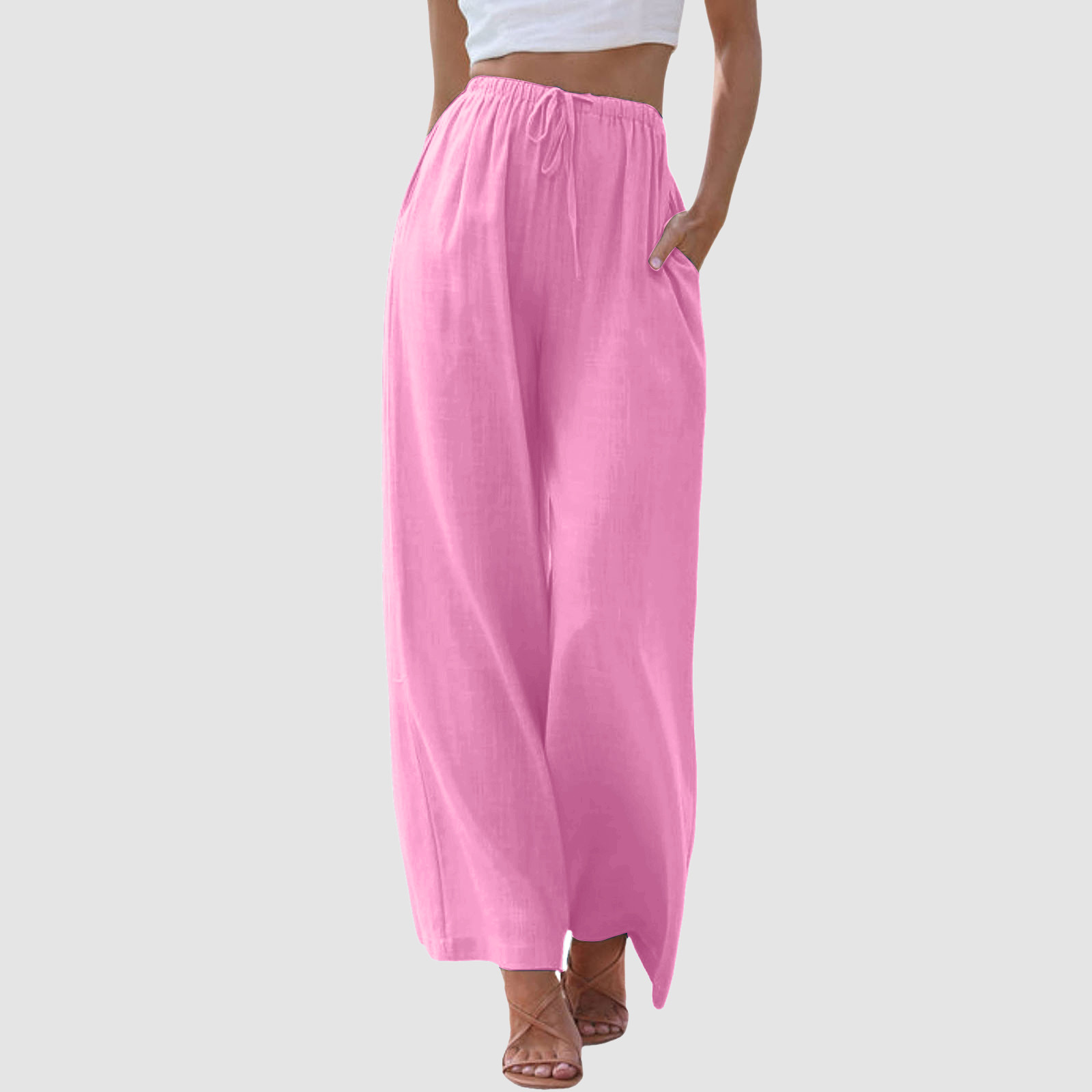 thumbnail image 2 of Pantalones de cintura alta y pierna ancha para mujer - Elástico con cordón, pierna recta cómoda, con bolsillos, 2 of 6
